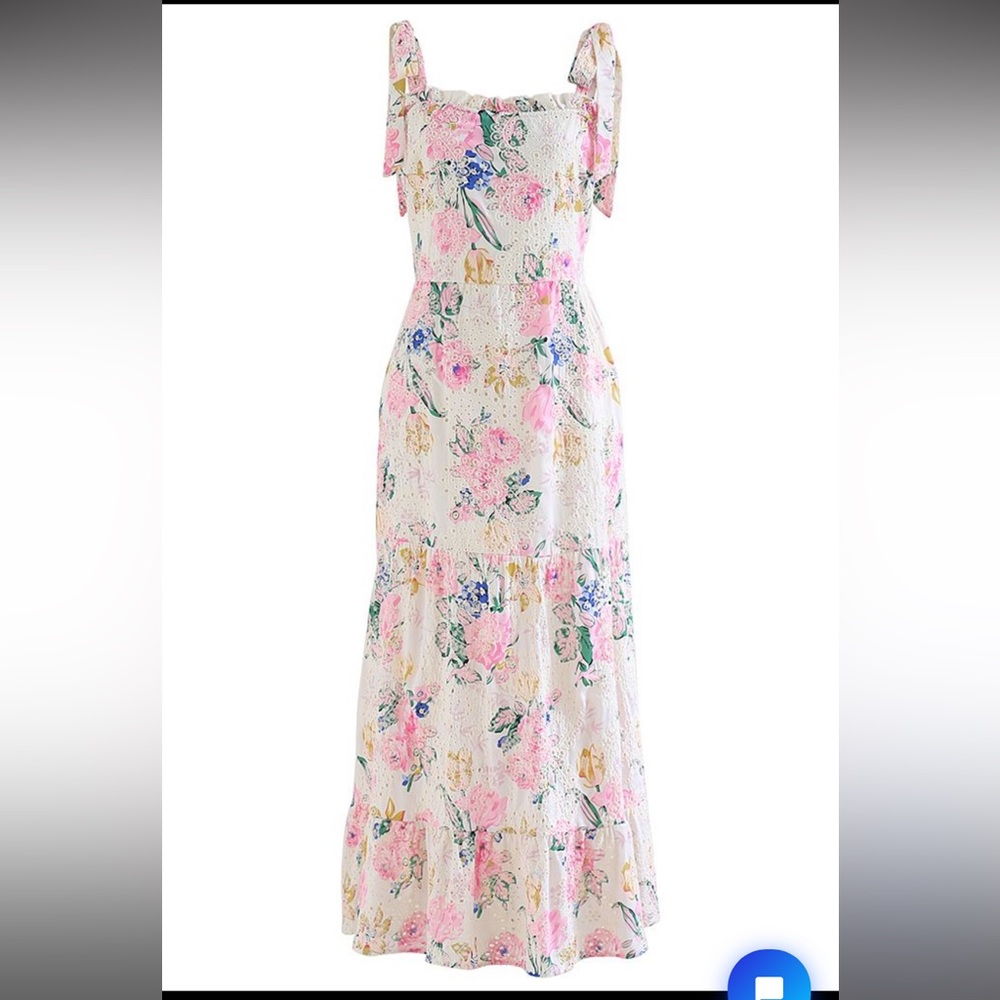 Pink floral embroidered eyelet tie-strap maxi dress